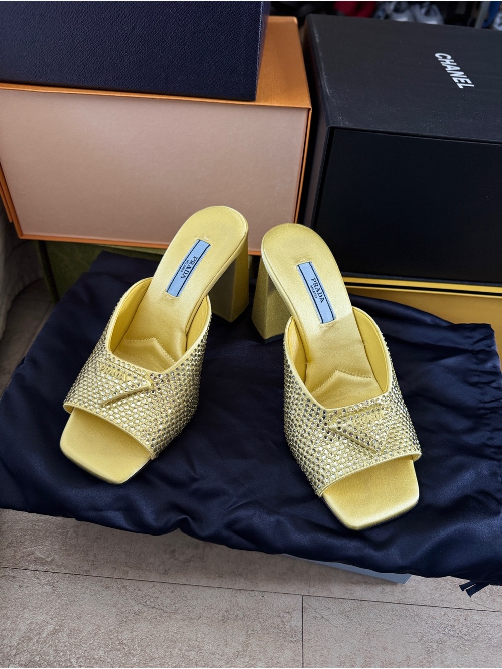 Prada Yellow Crystal Embellished Slide Mules